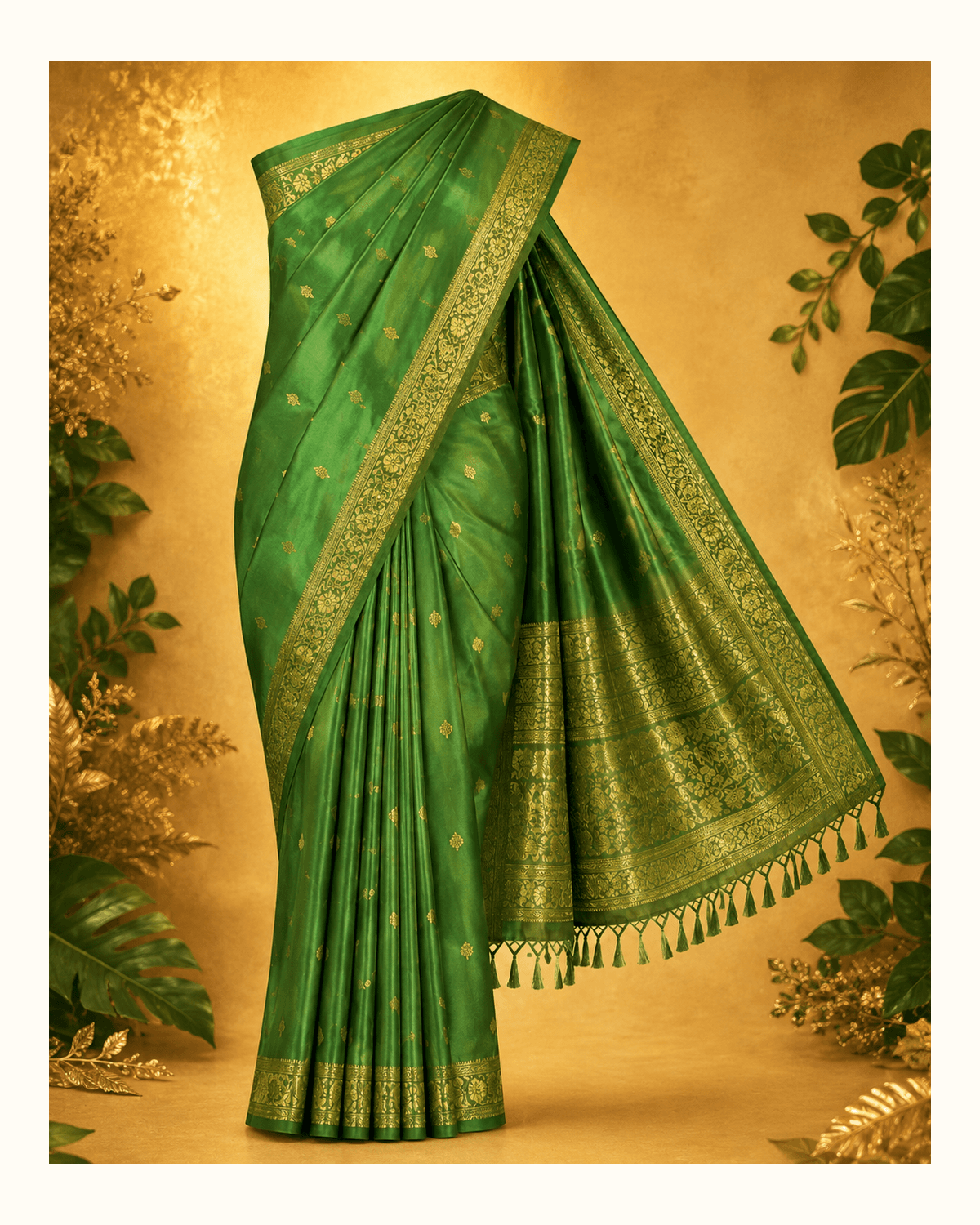Green silk saree with gold detailing for specialist dry cleaning