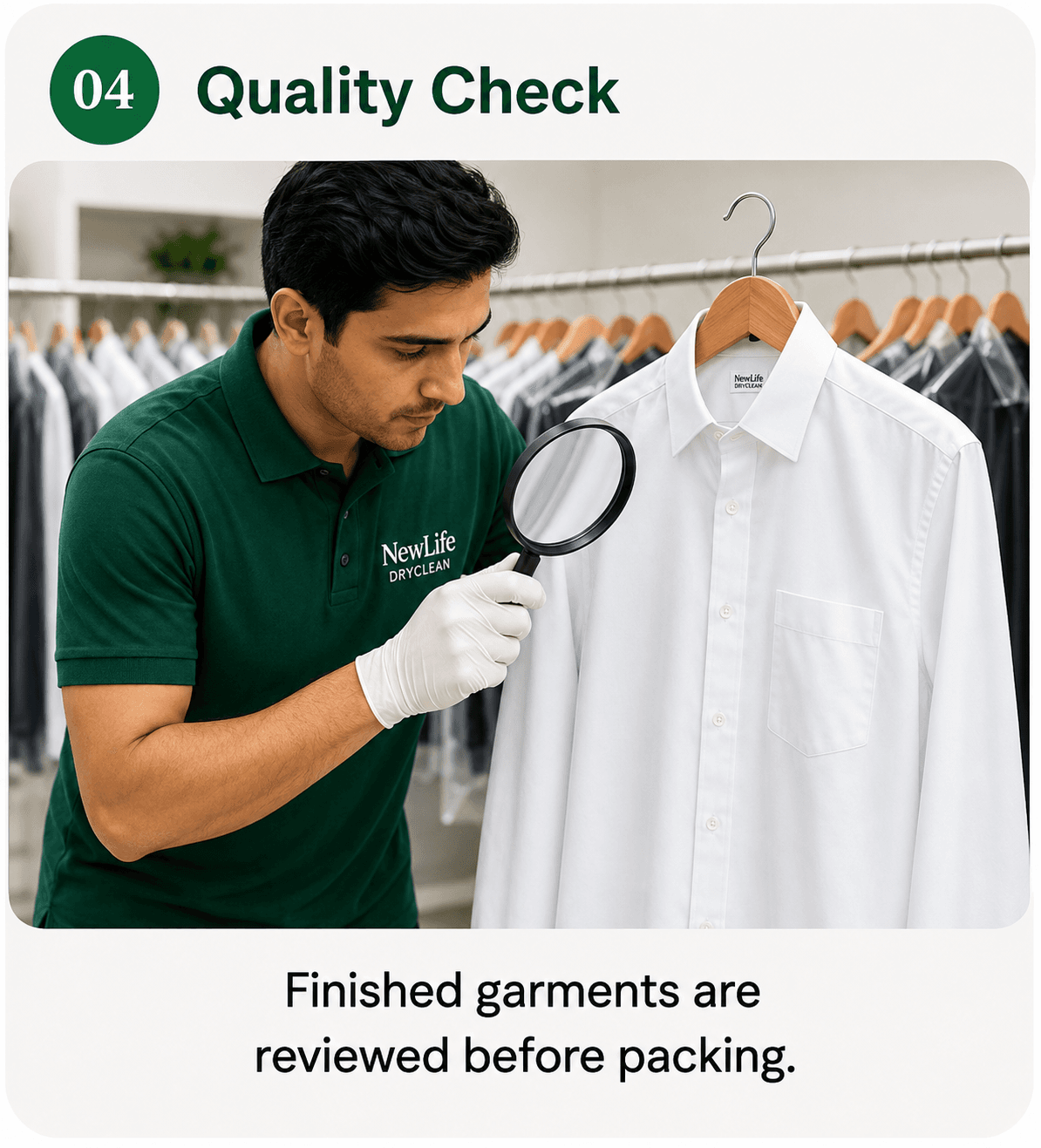 NewLife Dryclean team inspecting a finished garment before packing