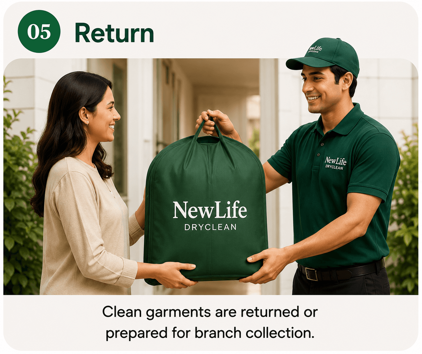 Clean garments being returned to a NewLife Dryclean customer